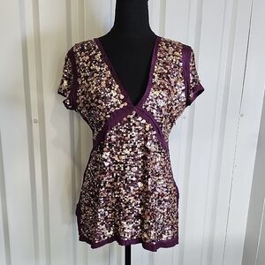 Antik Batik Women's 100% Silk Purple Gold Sequin Blouse Size Medium